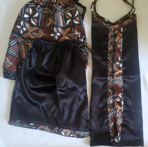 Silk African Print  Sleepwear BLK Brown Size L - Picture 2 of 7
